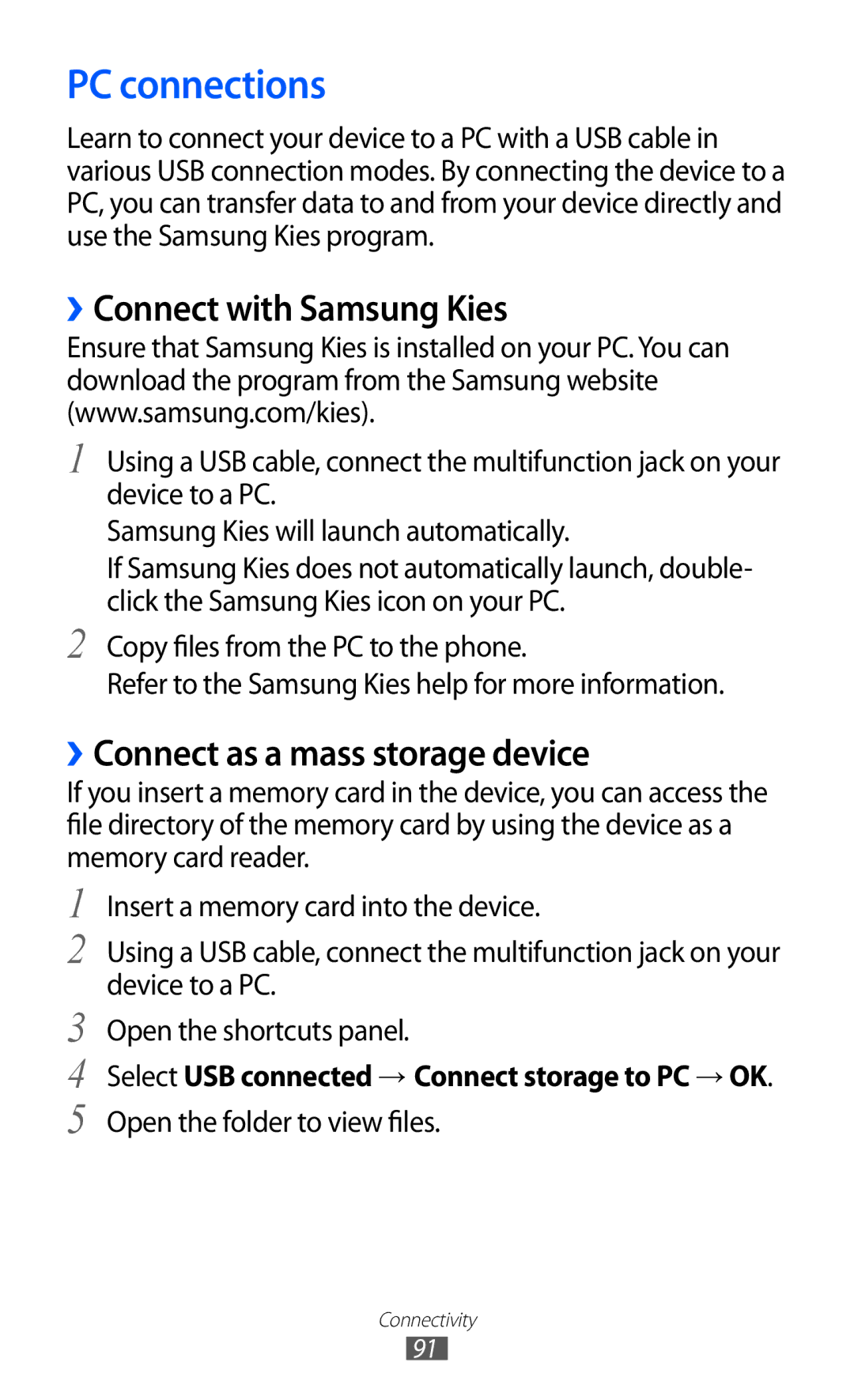 Samsung GT-B7510CWAFOP, GT-B7510LKAXEF PC connections, ››Connect with Samsung Kies, ››Connect as a mass storage device 