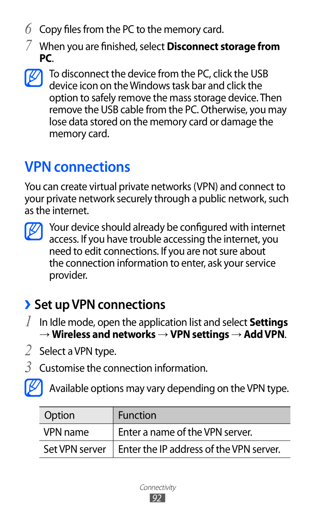 Samsung GT-B7510ISAFOP, GT-B7510LKAXEF, GT-B7510ISAXEF, GT-B7510CWAXEF, GT-B7510ISAORC manual ››Set up VPN connections 