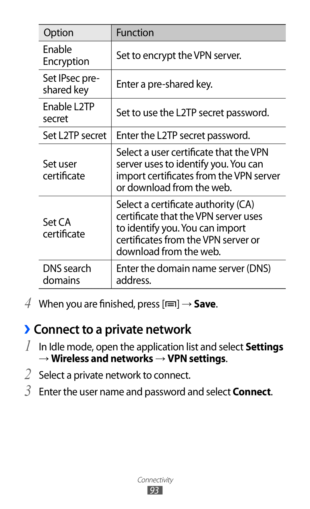 Samsung GT-B7510ISAATL, GT-B7510LKAXEF, GT-B7510ISAXEF, GT-B7510CWAXEF, GT-B7510ISAORC manual ››Connect to a private network 