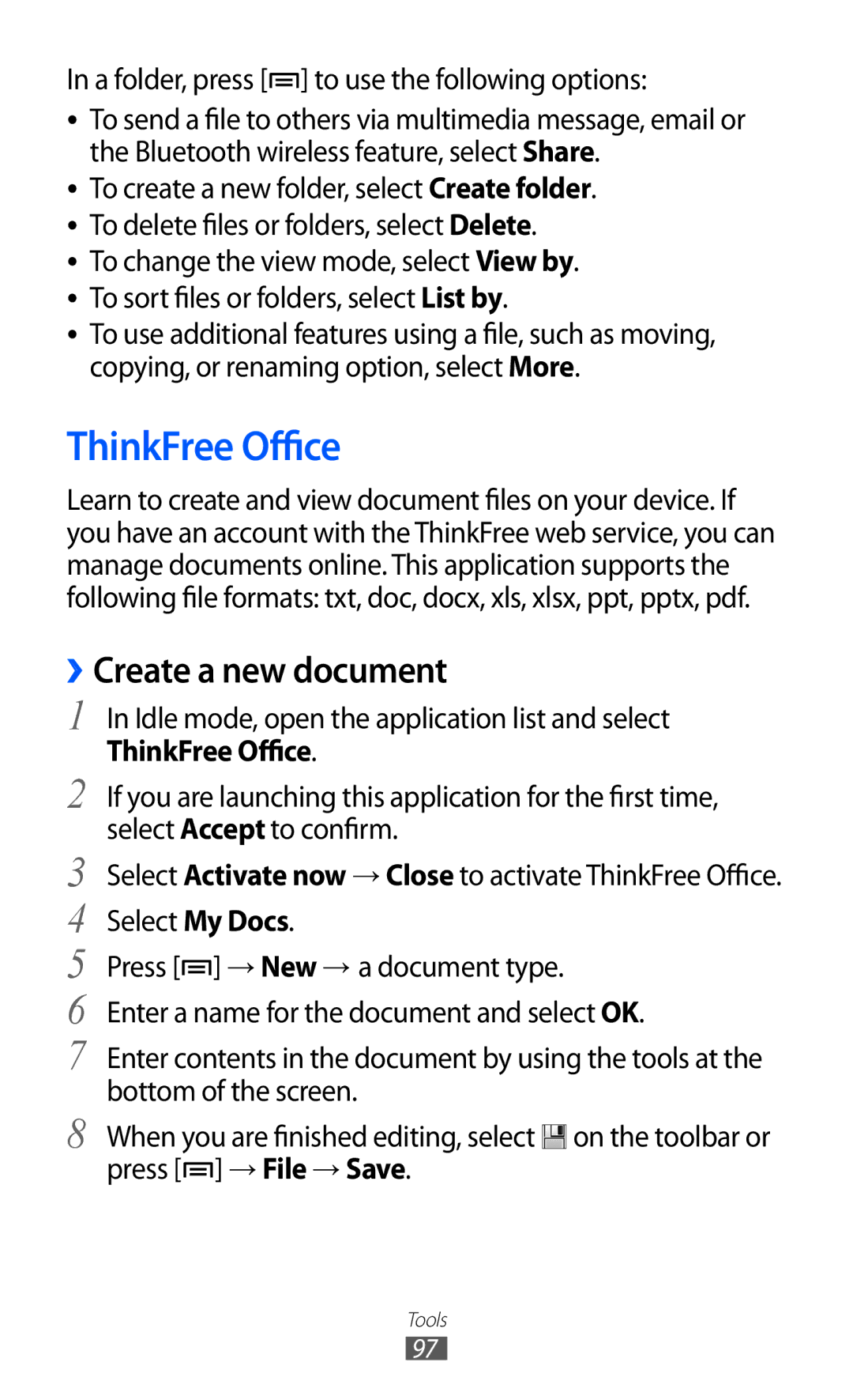 Samsung GT-B7510LKAXEF manual ThinkFree Office, ››Create a new document, A folder, press to use the following options 