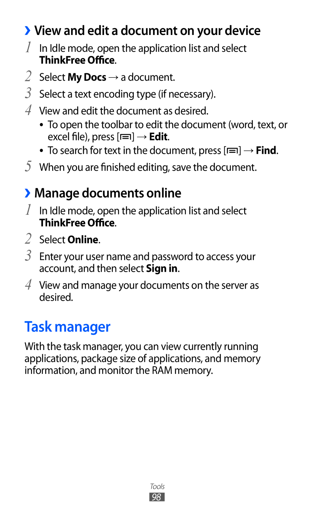 Samsung GT-B7510ISAXEF, GT-B7510LKAXEF Task manager, ››View and edit a document on your device, ››Manage documents online 