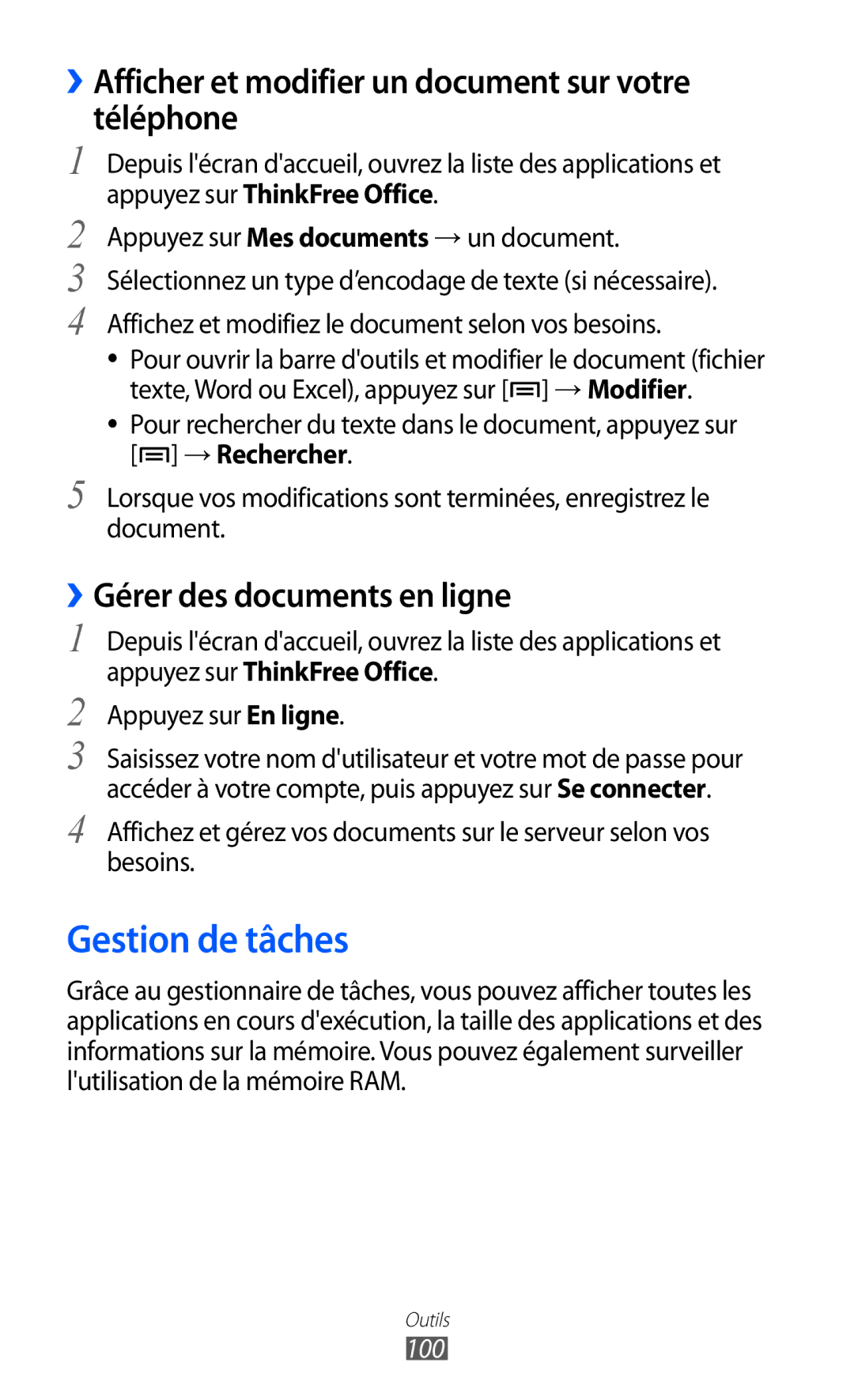 Samsung GT-B7510ISANRJ, GT-B7510LKAXEF manual Gestion de tâches, ››Afficher et modifier un document sur votre téléphone, 100 