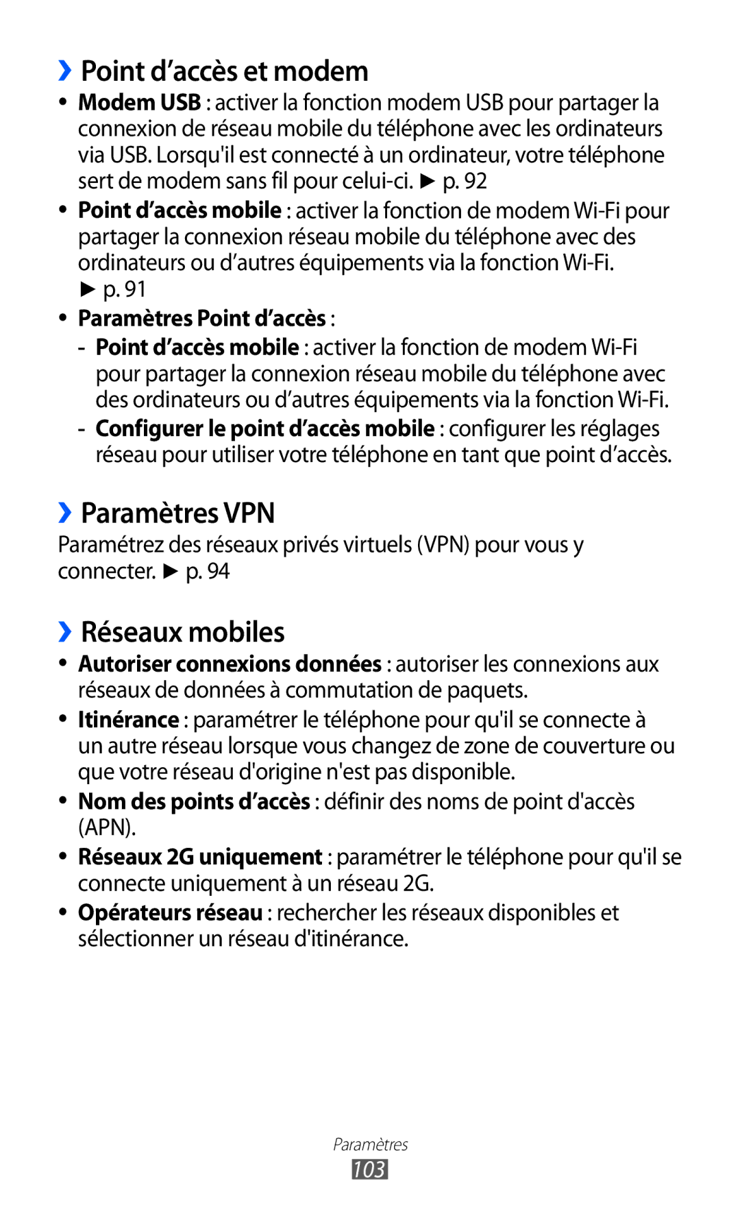 Samsung GT-B7510ISASFR manual ››Point d’accès et modem, ››Paramètres VPN, ››Réseaux mobiles, Paramètres Point d’accès, 103 