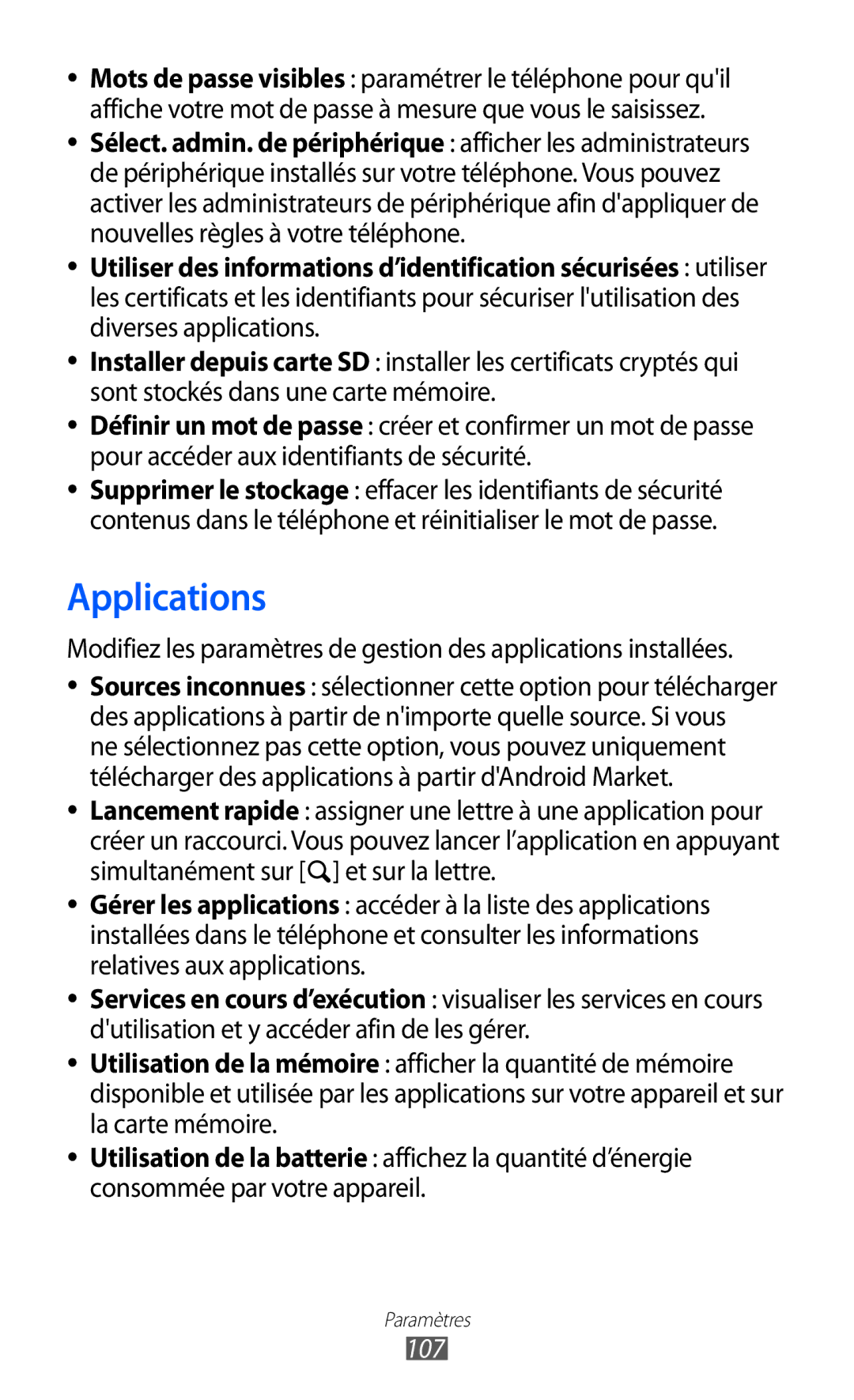 Samsung GT-B7510ISAORC, GT-B7510LKAXEF, GT-B7510ISAXEF, GT-B7510CWAXEF, GT-B7510ISANRJ, GT-B7510CWASFR manual Applications, 107 