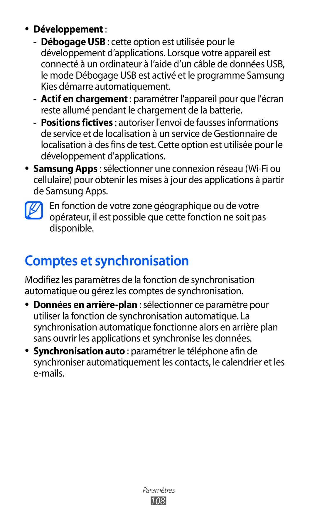 Samsung GT-B7510ISANRJ, GT-B7510LKAXEF, GT-B7510ISAXEF, GT-B7510CWAXEF manual Comptes et synchronisation, Développement, 108 