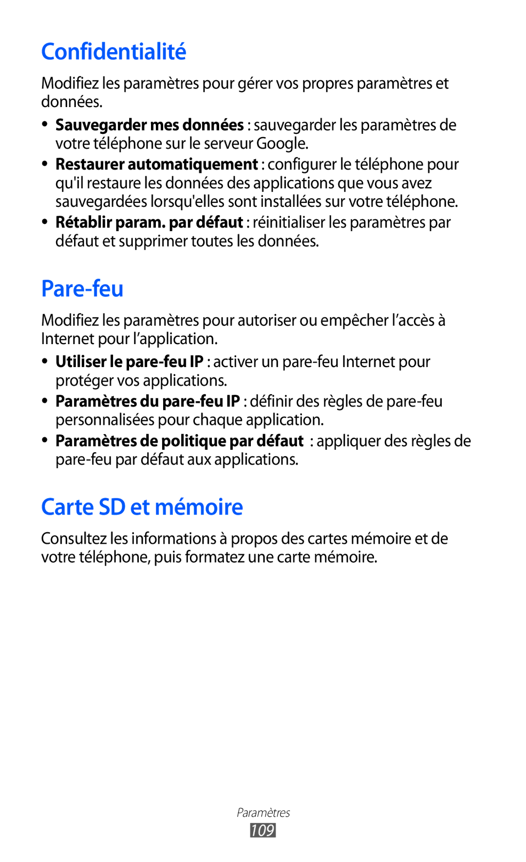 Samsung GT-B7510CWASFR, GT-B7510LKAXEF Confidentialité, Carte SD et mémoire, Pare-feu par défaut aux applications, 109 