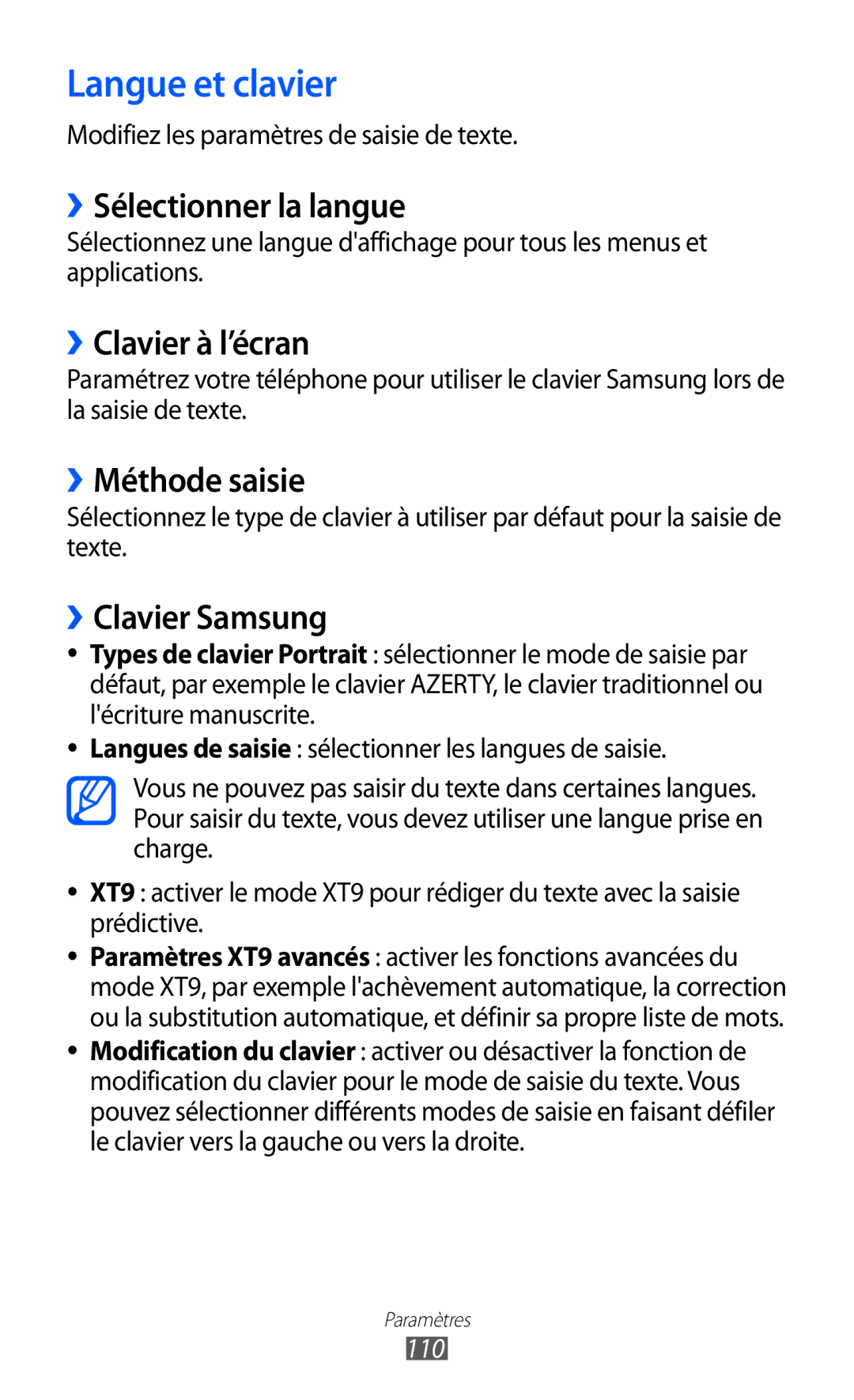 Samsung GT-B7510CWAORC, GT-B7510LKAXEF Langue et clavier, ››Sélectionner la langue, ››Clavier à l’écran, ››Méthode saisie 