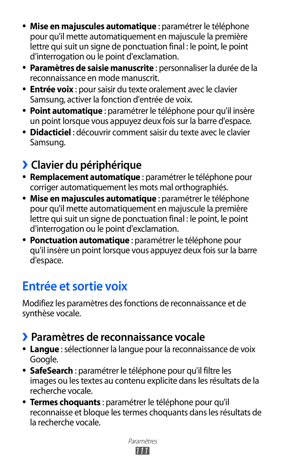 Samsung GT-B7510ISASFR manual Entrée et sortie voix, ››Clavier du périphérique, ››Paramètres de reconnaissance vocale, 111 