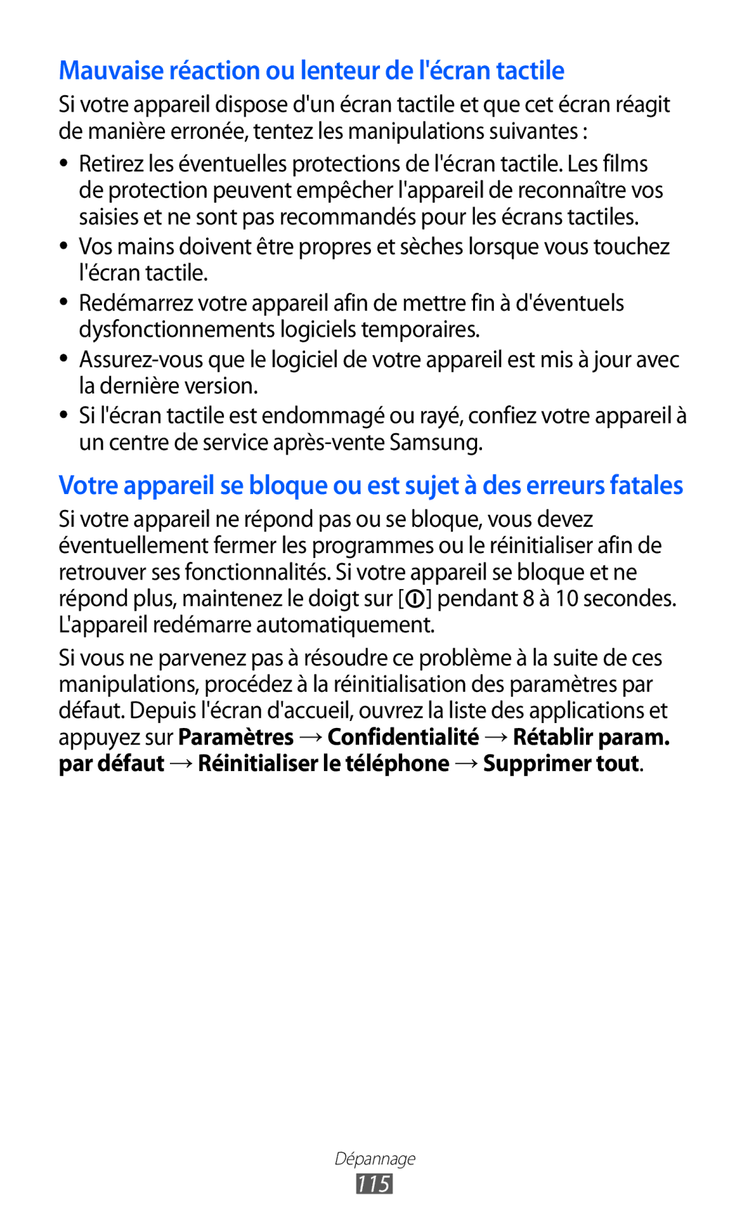 Samsung GT-B7510ISAORC, GT-B7510LKAXEF, GT-B7510ISAXEF, GT-B7510CWAXEF Mauvaise réaction ou lenteur de lécran tactile, 115 