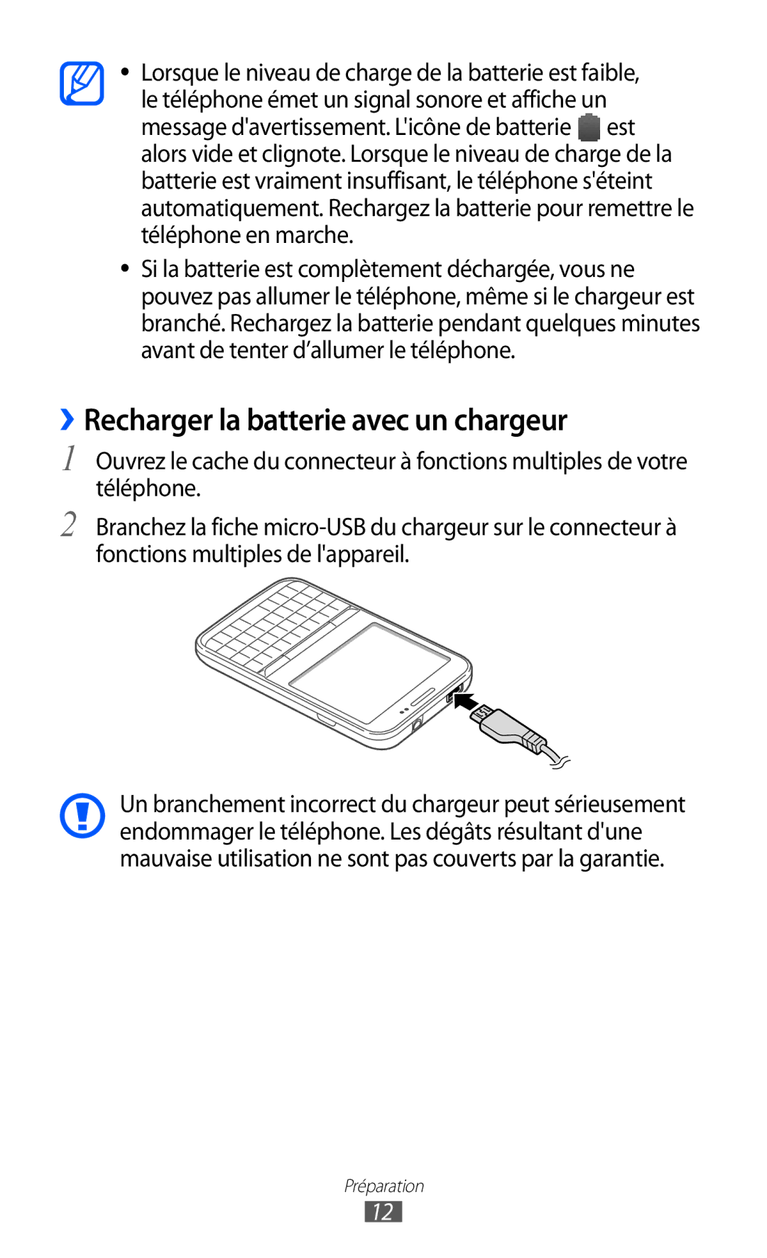 Samsung GT-B7510ISANRJ, GT-B7510LKAXEF, GT-B7510ISAXEF, GT-B7510CWAXEF manual ››Recharger la batterie avec un chargeur 