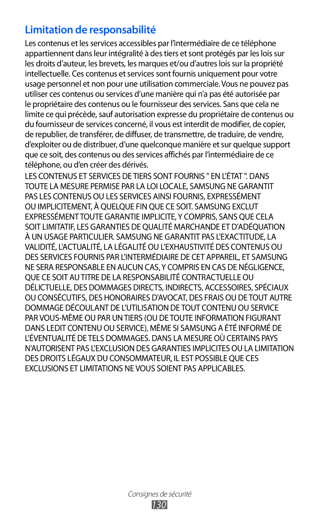 Samsung GT-B7510CWAXEF, GT-B7510LKAXEF, GT-B7510ISAXEF, GT-B7510ISAORC, GT-B7510ISANRJ manual Limitation de responsabilité, 130 