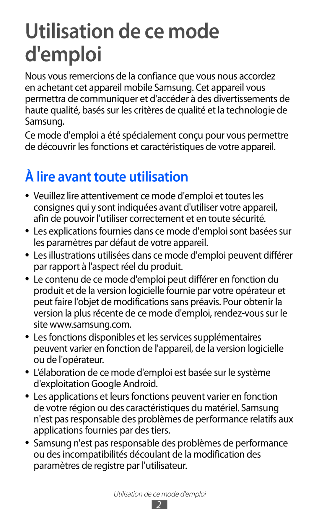 Samsung GT-B7510CWAXEF, GT-B7510LKAXEF, GT-B7510ISAXEF manual Utilisation de ce mode demploi, Lire avant toute utilisation 