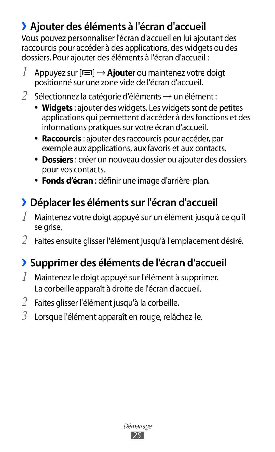 Samsung GT-B7510ISAXEF manual ››Ajouter des éléments à lécran daccueil, ››Déplacer les éléments sur lécran daccueil 