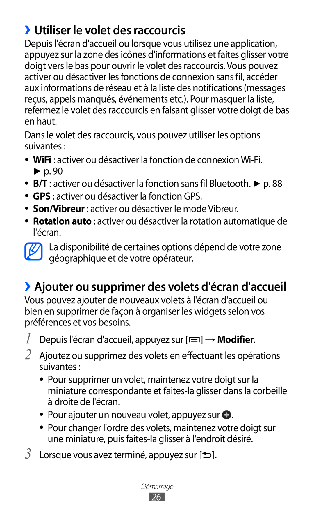 Samsung GT-B7510CWAXEF manual ››Utiliser le volet des raccourcis, ››Ajouter ou supprimer des volets décran daccueil 