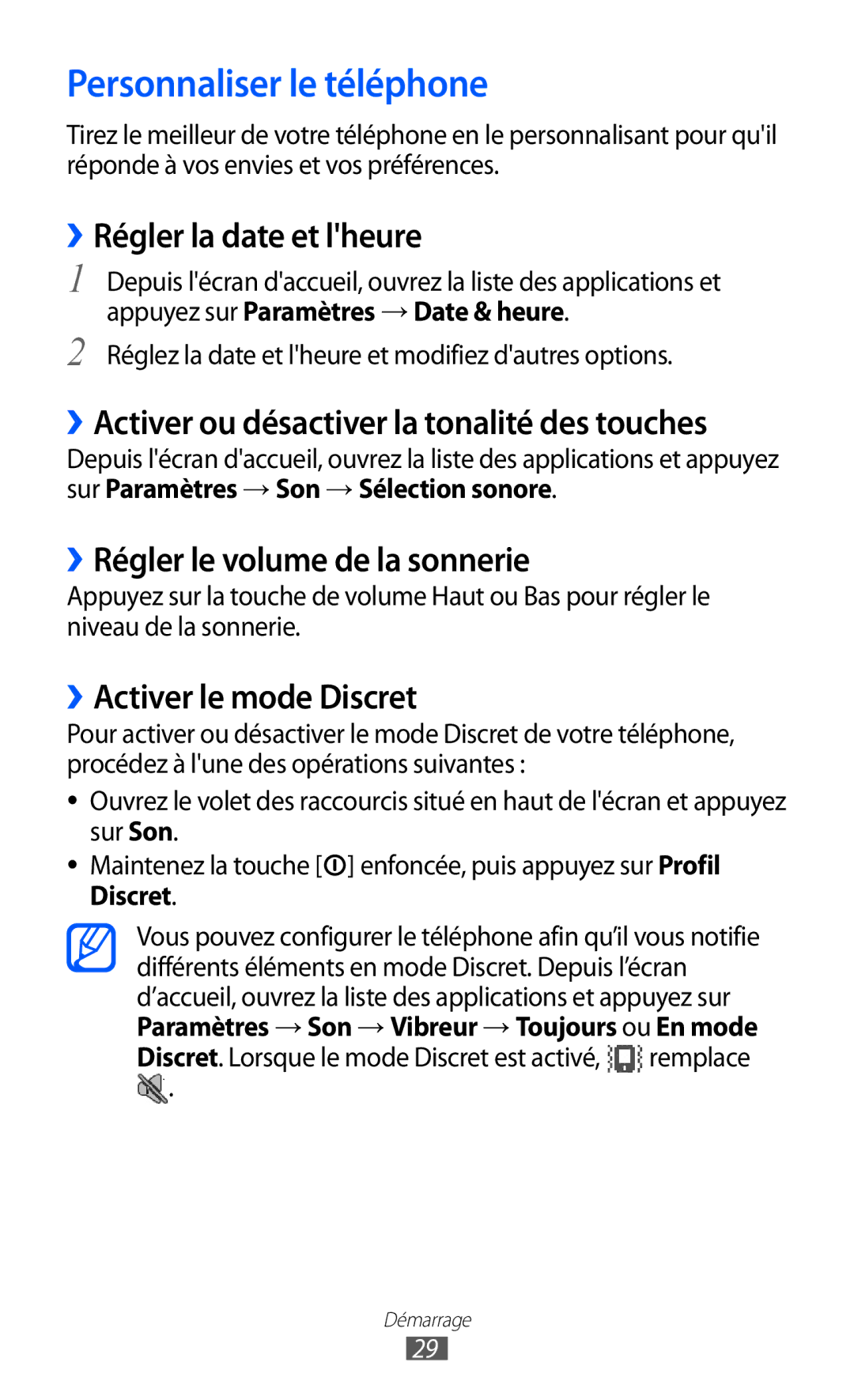 Samsung GT-B7510CWASFR manual Personnaliser le téléphone, ››Régler la date et lheure, ››Régler le volume de la sonnerie 