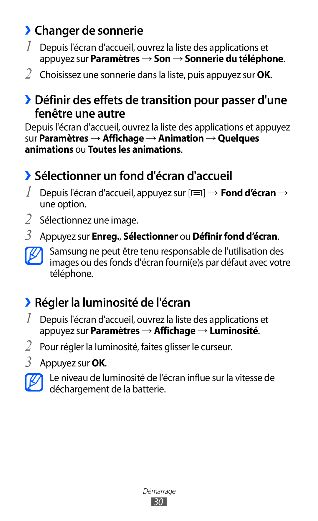 Samsung GT-B7510CWAORC ››Changer de sonnerie, ››Sélectionner un fond décran daccueil, ››Régler la luminosité de lécran 