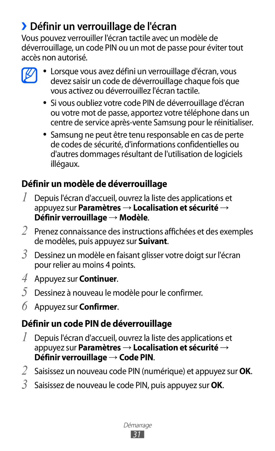 Samsung GT-B7510ISASFR, GT-B7510LKAXEF manual ››Définir un verrouillage de lécran, Définir un modèle de déverrouillage 