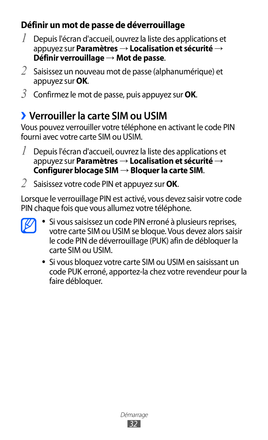 Samsung GT-B7510LKAXEF, GT-B7510ISAXEF manual ››Verrouiller la carte SIM ou Usim, Définir un mot de passe de déverrouillage 