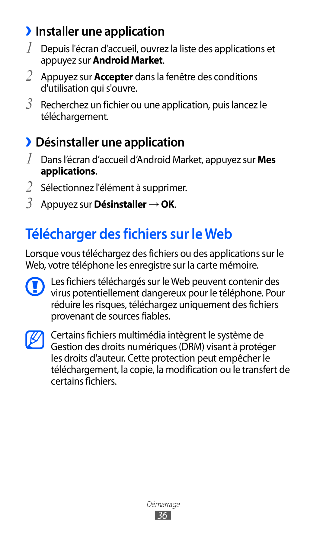 Samsung GT-B7510ISANRJ Télécharger des fichiers sur le Web, ››Installer une application, ››Désinstaller une application 