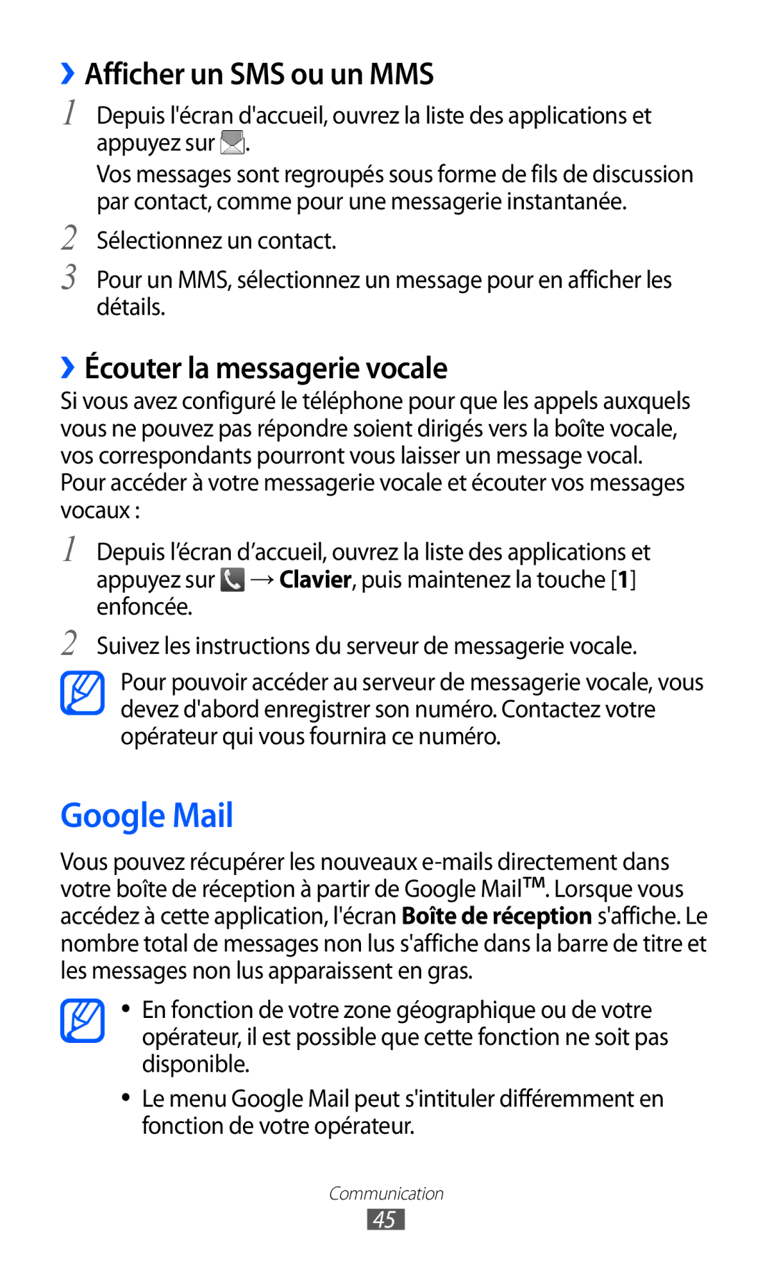 Samsung GT-B7510CWASFR, GT-B7510LKAXEF manual Google Mail, ››Afficher un SMS ou un MMS, ››Écouter la messagerie vocale 