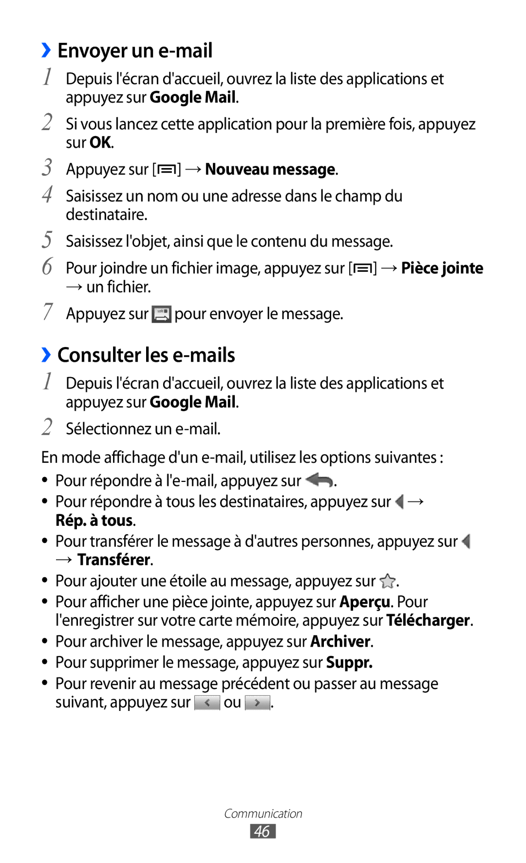 Samsung GT-B7510CWAORC ››Envoyer un e-mail, ››Consulter les e-mails, → un fichier, Appuyez sur pour envoyer le message 