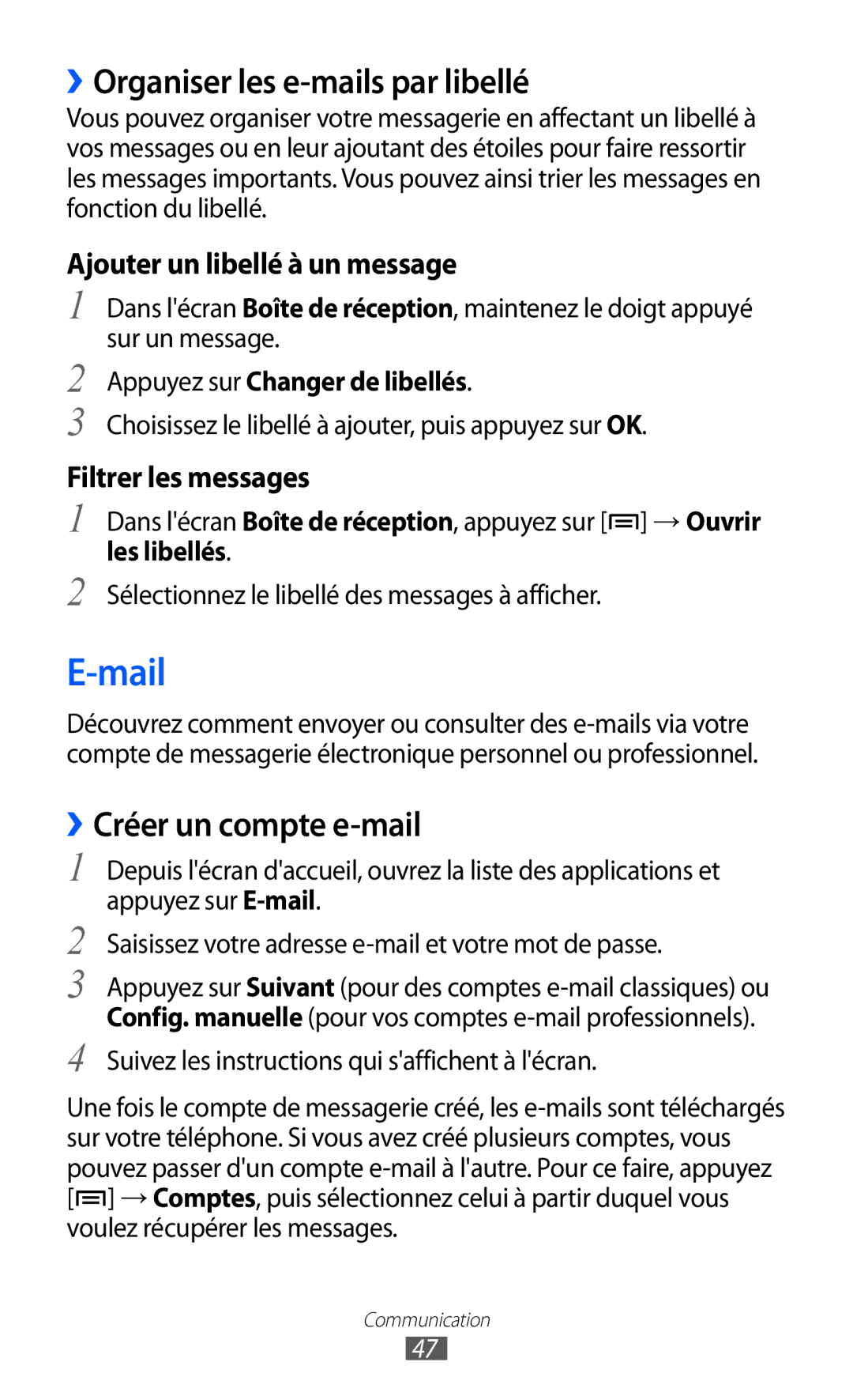 Samsung GT-B7510ISASFR manual Mail, ››Organiser les e-mails par libellé, ››Créer un compte e-mail, Filtrer les messages 