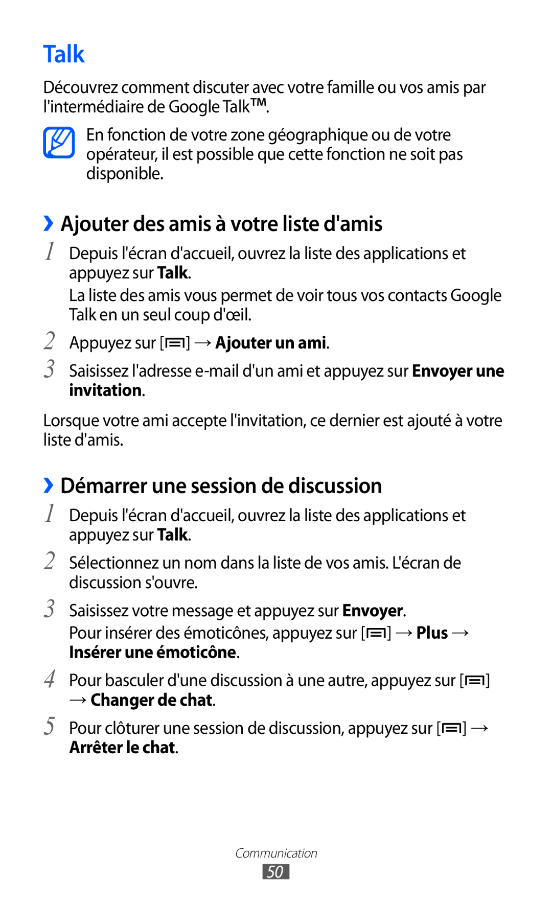 Samsung GT-B7510CWAXEF, GT-B7510LKAXEF Talk, ››Ajouter des amis à votre liste damis, ››Démarrer une session de discussion 