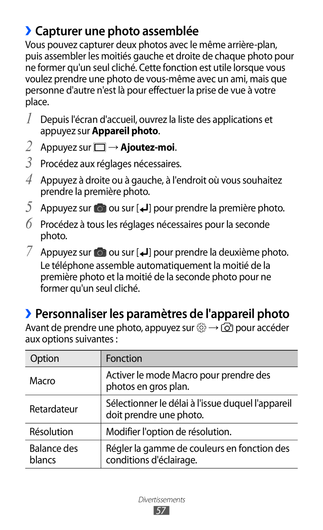 Samsung GT-B7510ISAXEF manual ››Capturer une photo assemblée, Doit prendre une photo, Blancs Conditions déclairage 