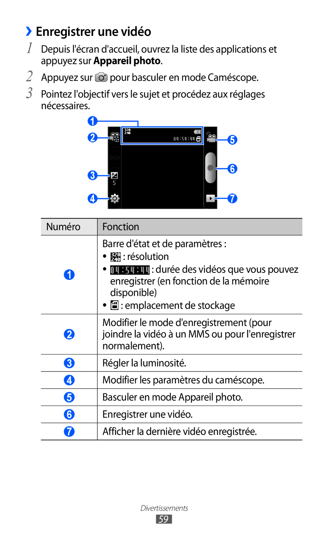 Samsung GT-B7510ISAORC, GT-B7510LKAXEF, GT-B7510ISAXEF manual ››Enregistrer une vidéo, Enregistrer en fonction de la mémoire 