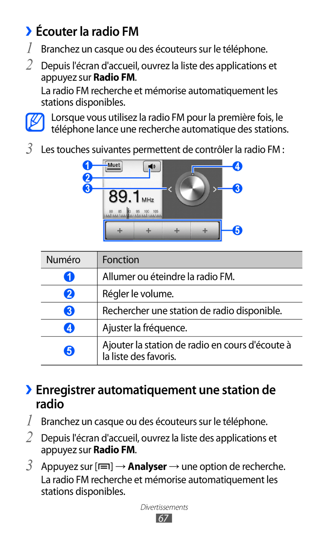 Samsung GT-B7510ISAORC, GT-B7510LKAXEF manual ››Écouter la radio FM, ››Enregistrer automatiquement une station de radio 