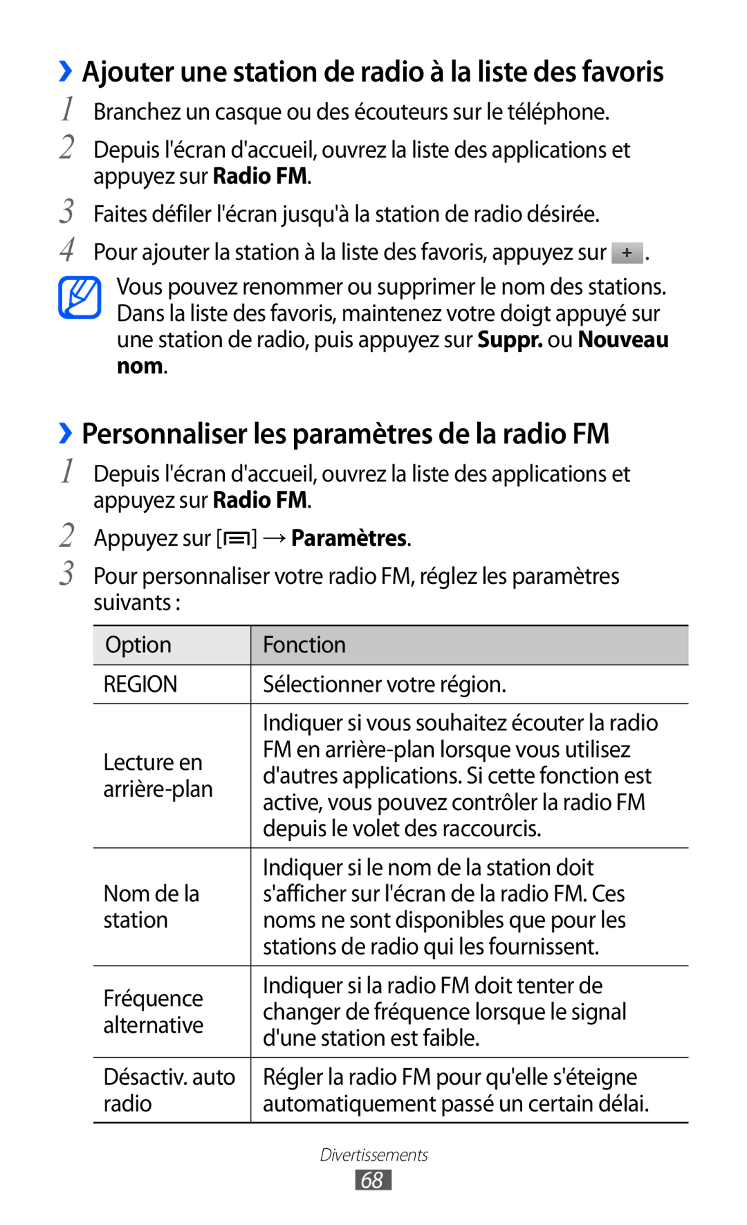 Samsung GT-B7510ISANRJ, GT-B7510LKAXEF, GT-B7510ISAXEF, GT-B7510CWAXEF manual ››Personnaliser les paramètres de la radio FM 