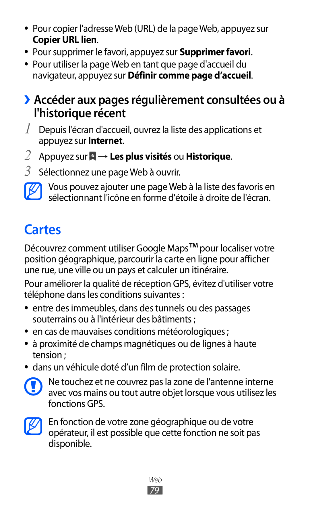 Samsung GT-B7510ISASFR manual Cartes, Appuyez sur → Les plus visités ou Historique, Sélectionnez une page Web à ouvrir 