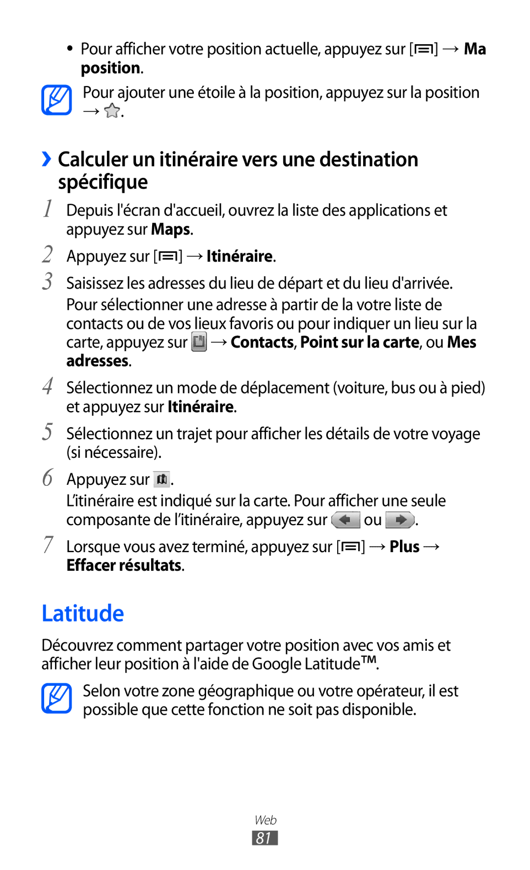 Samsung GT-B7510ISAXEF manual Latitude, ››Calculer un itinéraire vers une destination spécifique, Effacer résultats 