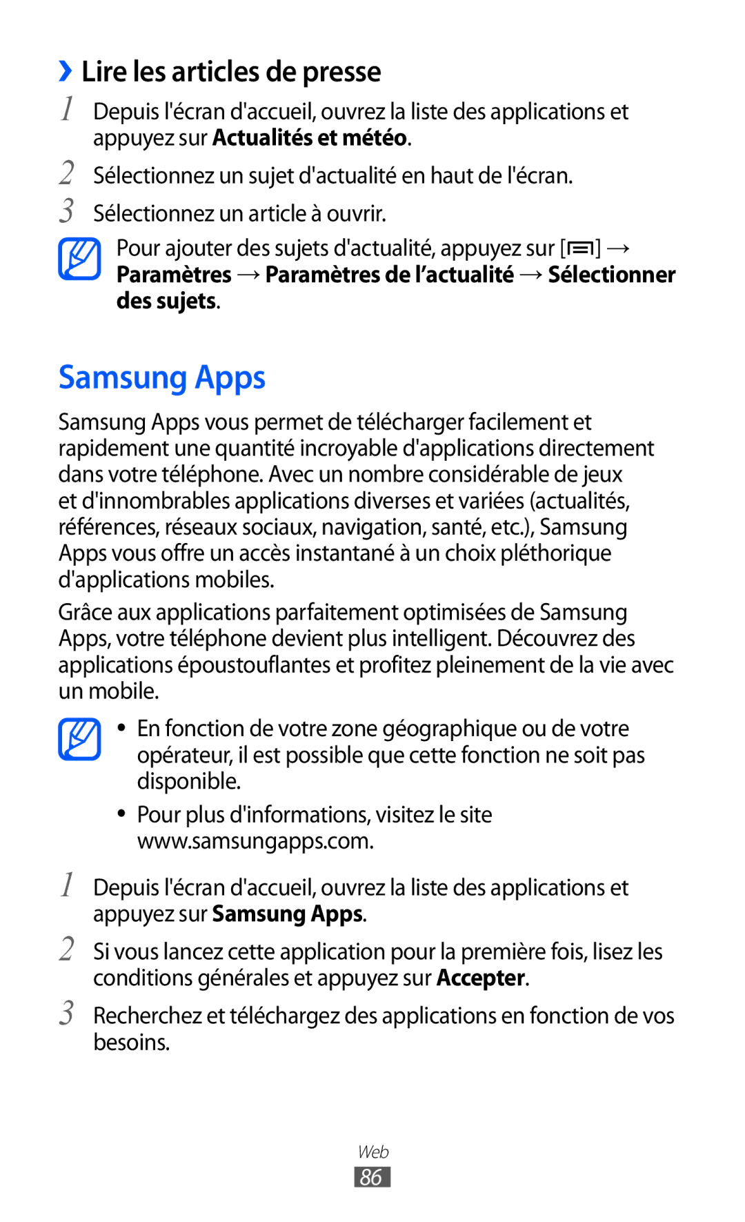 Samsung GT-B7510CWAORC, GT-B7510LKAXEF, GT-B7510ISAXEF, GT-B7510CWAXEF manual Samsung Apps, ››Lire les articles de presse 