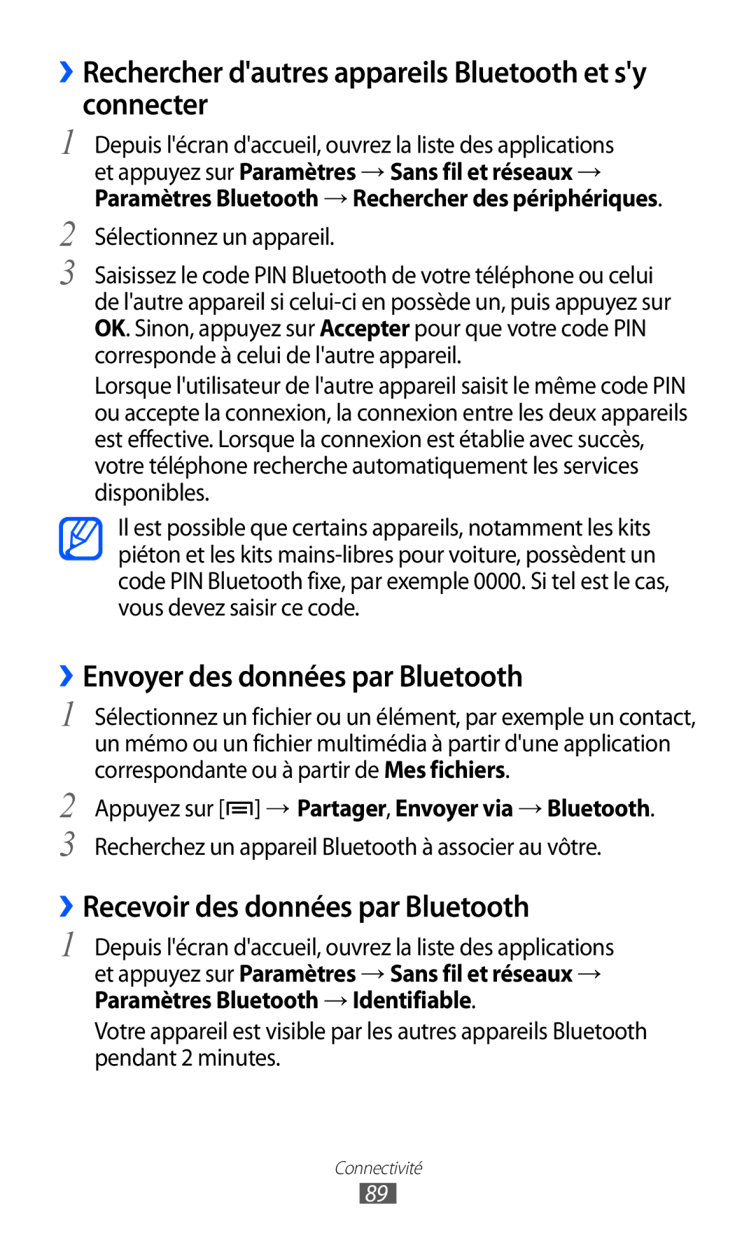 Samsung GT-B7510ISAXEF manual ››Rechercher dautres appareils Bluetooth et sy connecter, ››Envoyer des données par Bluetooth 