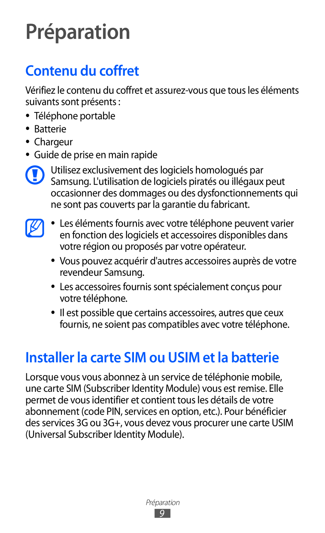 Samsung GT-B7510ISAXEF, GT-B7510LKAXEF, GT-B7510CWAXEF, GT-B7510ISAORC, GT-B7510ISANRJ manual Préparation, Contenu du coffret 