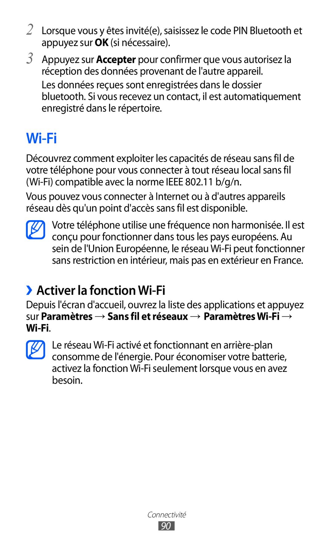 Samsung GT-B7510CWAXEF, GT-B7510LKAXEF, GT-B7510ISAXEF, GT-B7510ISAORC, GT-B7510ISANRJ manual ››Activer la fonction Wi-Fi 