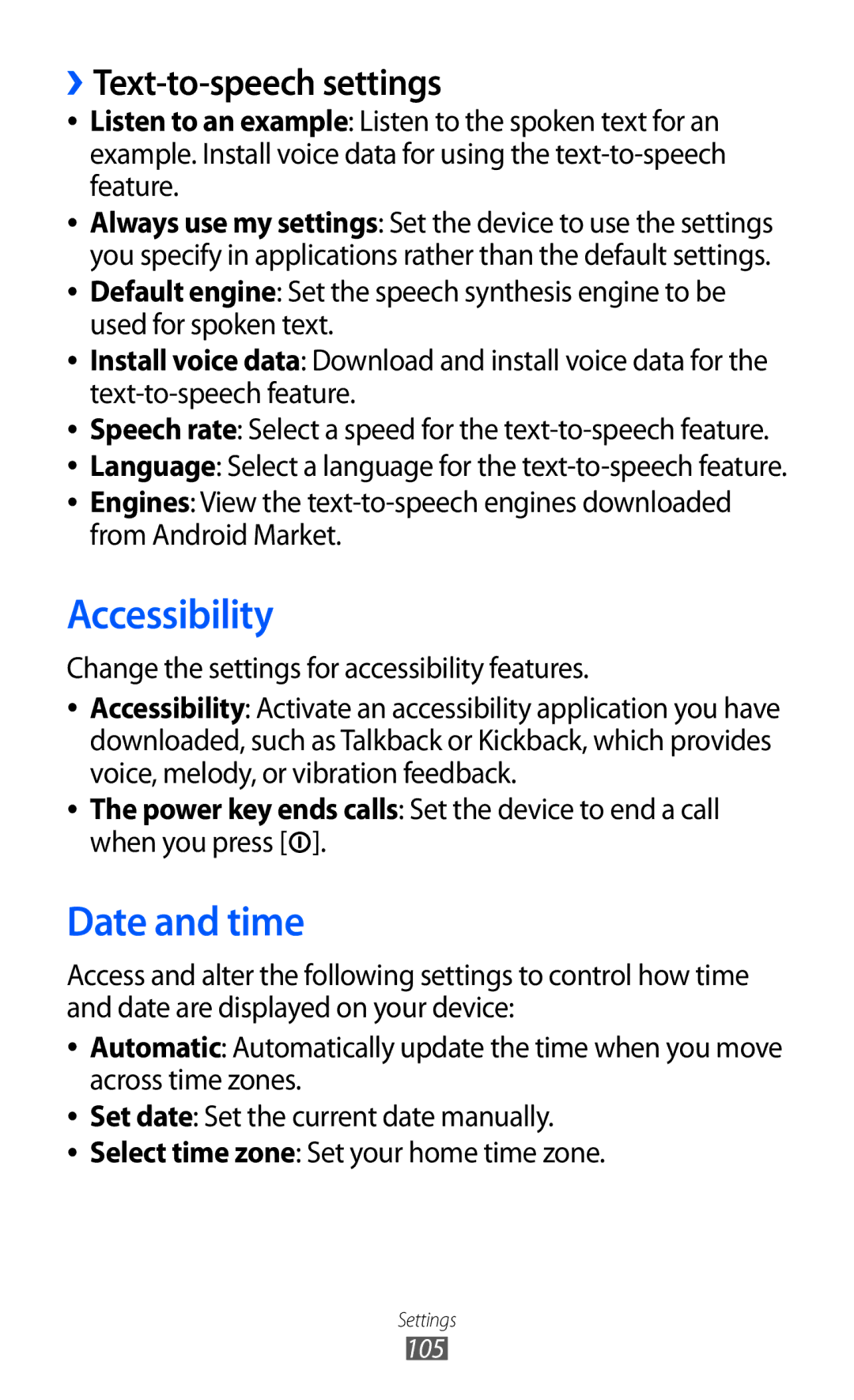 Samsung GT-B7510ISAXSS, GT-B7510LKAXSG, GT-B7510LKAARB manual Accessibility, Date and time, ››Text-to-speech settings 