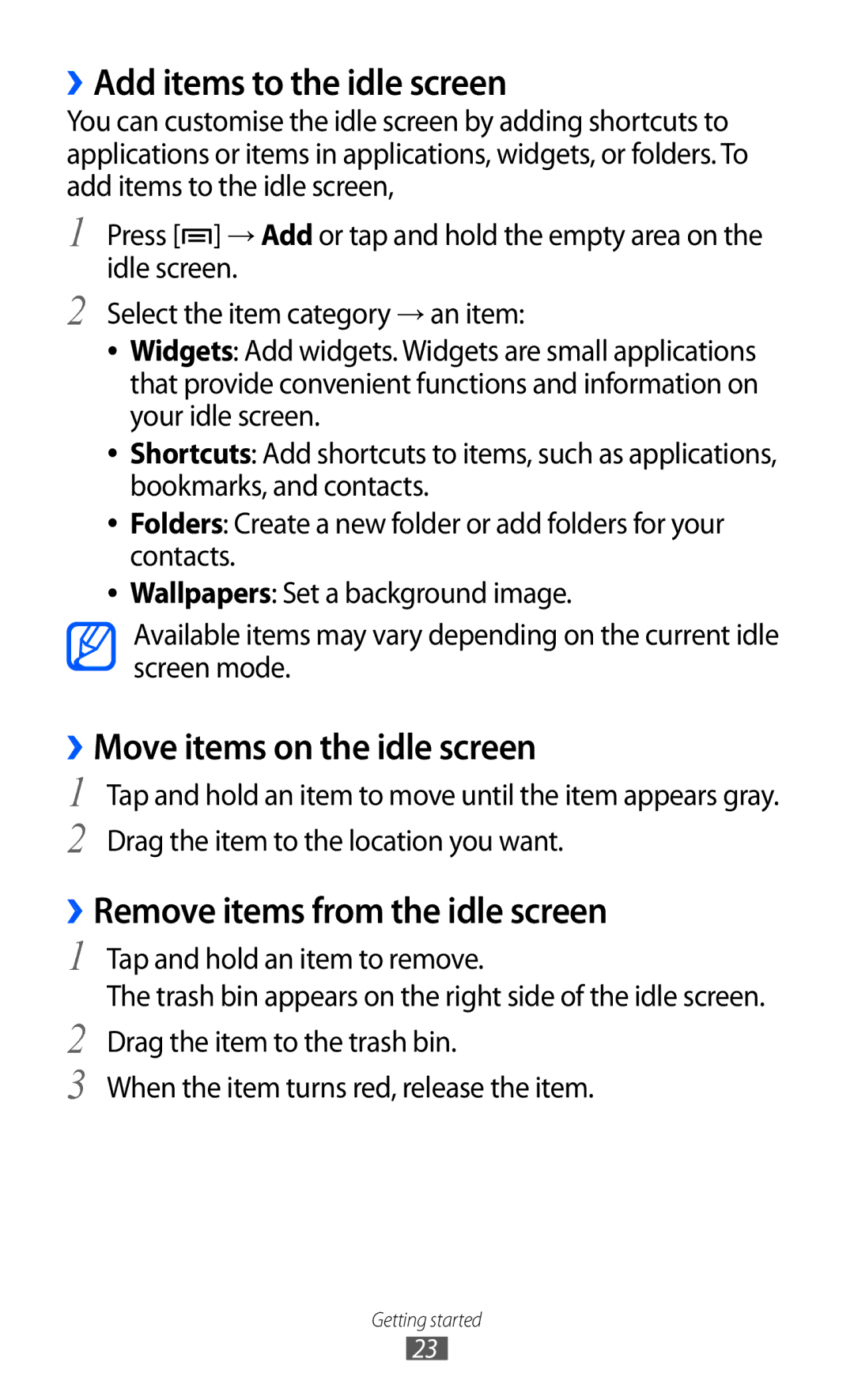 Samsung GT-B7510LKAXSS, GT-B7510LKAXSG, GT-B7510LKAARB manual ››Add items to the idle screen, ››Move items on the idle screen 