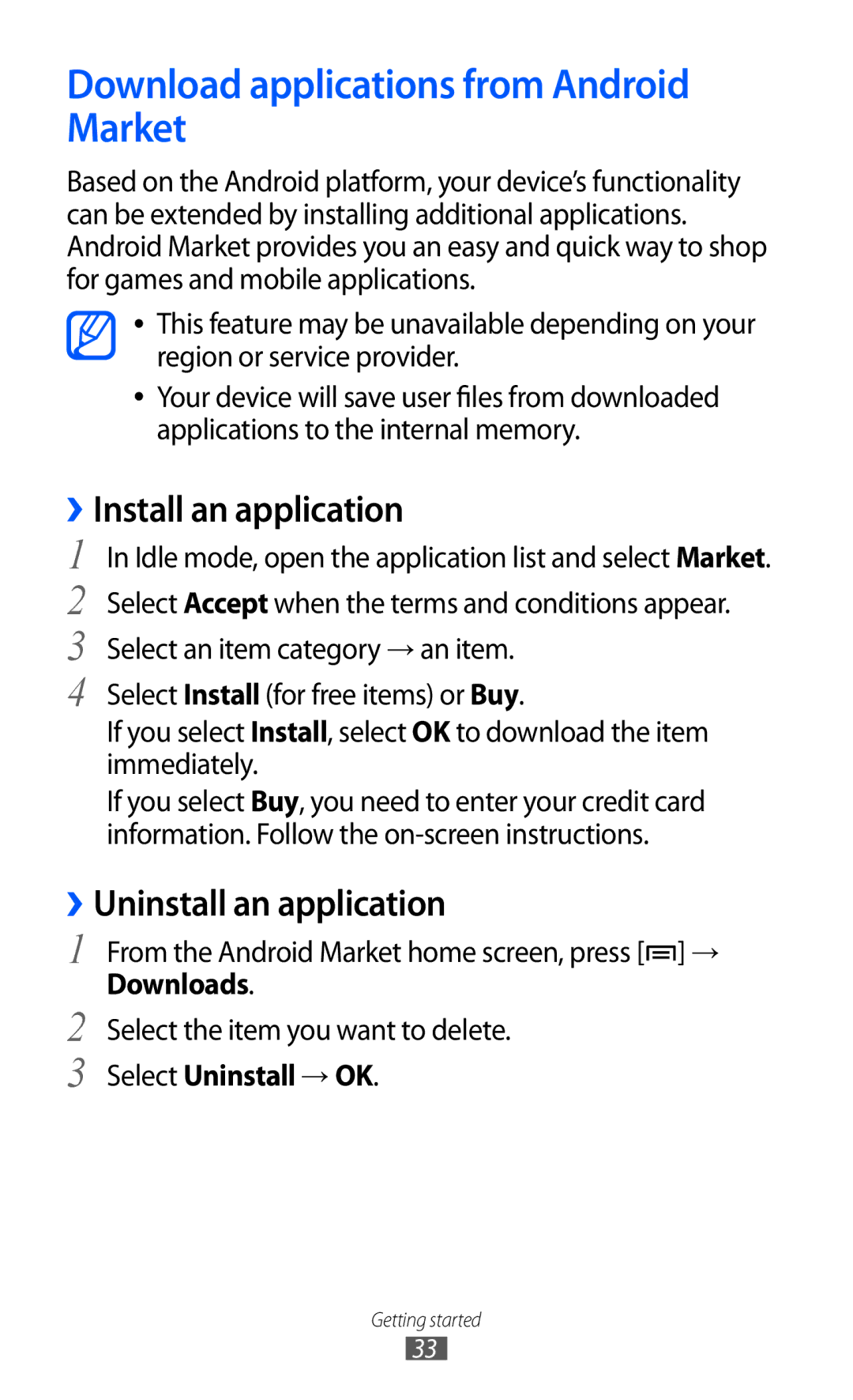 Samsung GT-B7510ISAARB Download applications from Android Market, ››Install an application, ››Uninstall an application 