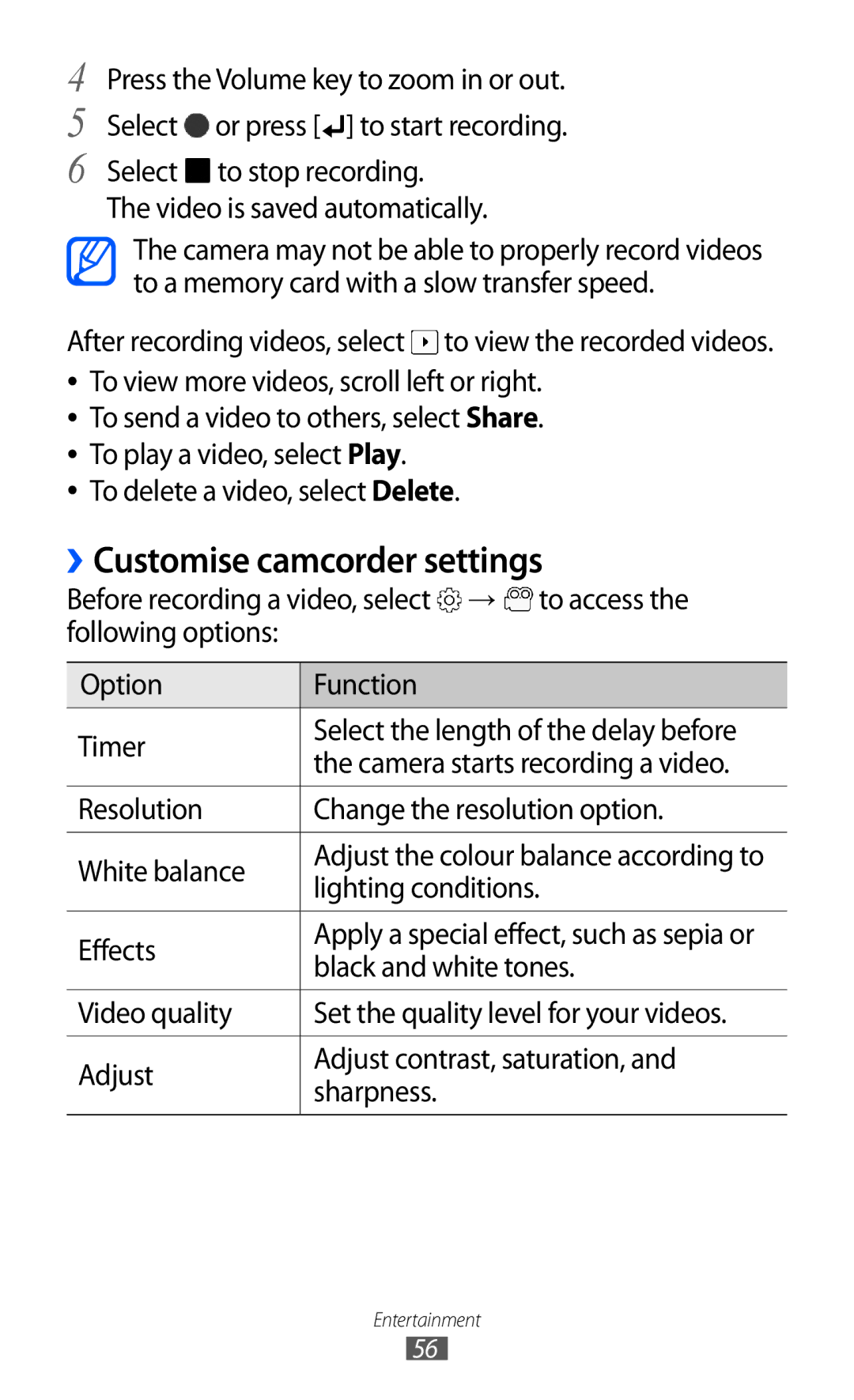 Samsung GT-B7510ISAXSG manual ››Customise camcorder settings, After recording videos, select to view the recorded videos 