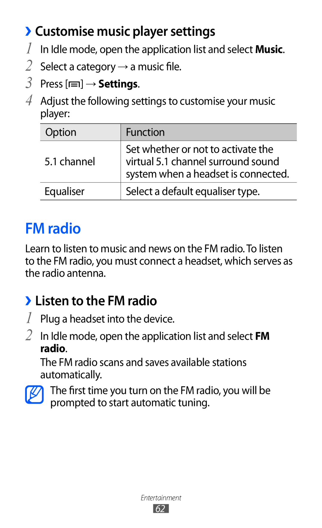 Samsung GT-B7510ISAARB, GT-B7510LKAXSG, GT-B7510LKAARB manual ››Customise music player settings, ››Listen to the FM radio 