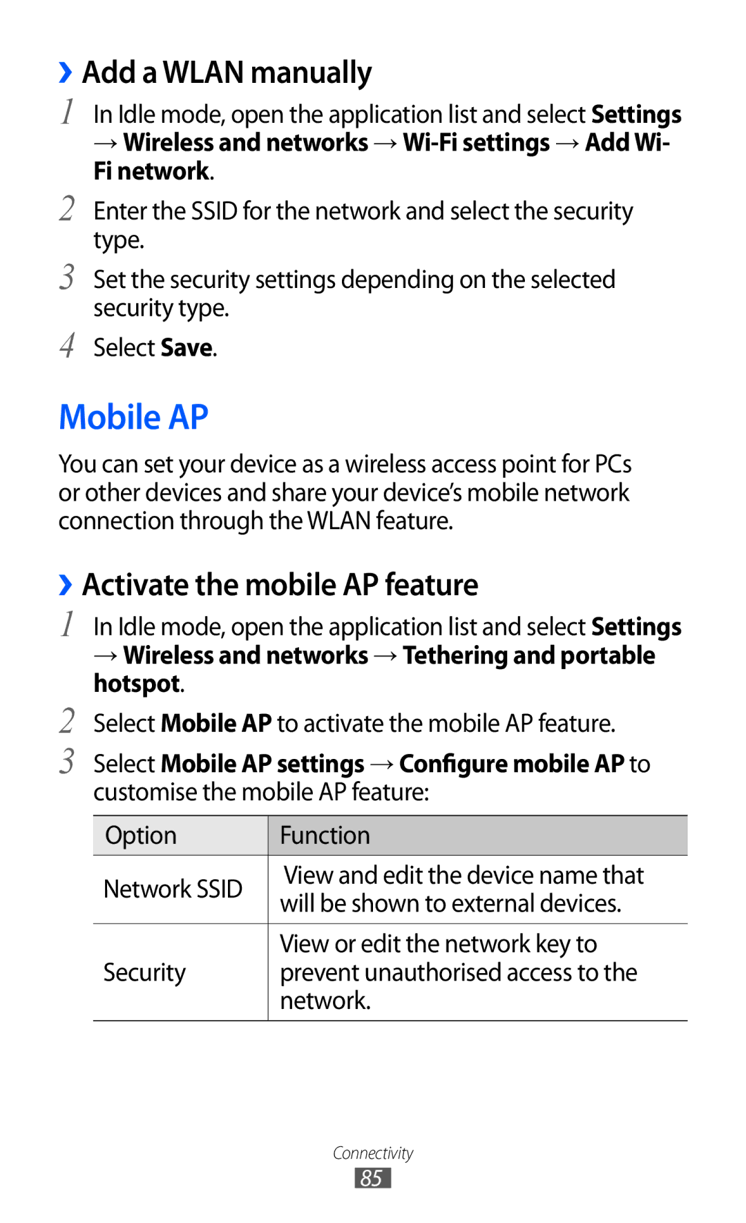 Samsung GT-B7510ISAXSG, GT-B7510LKAXSG, GT-B7510LKAARB Mobile AP, ››Add a Wlan manually, ››Activate the mobile AP feature 