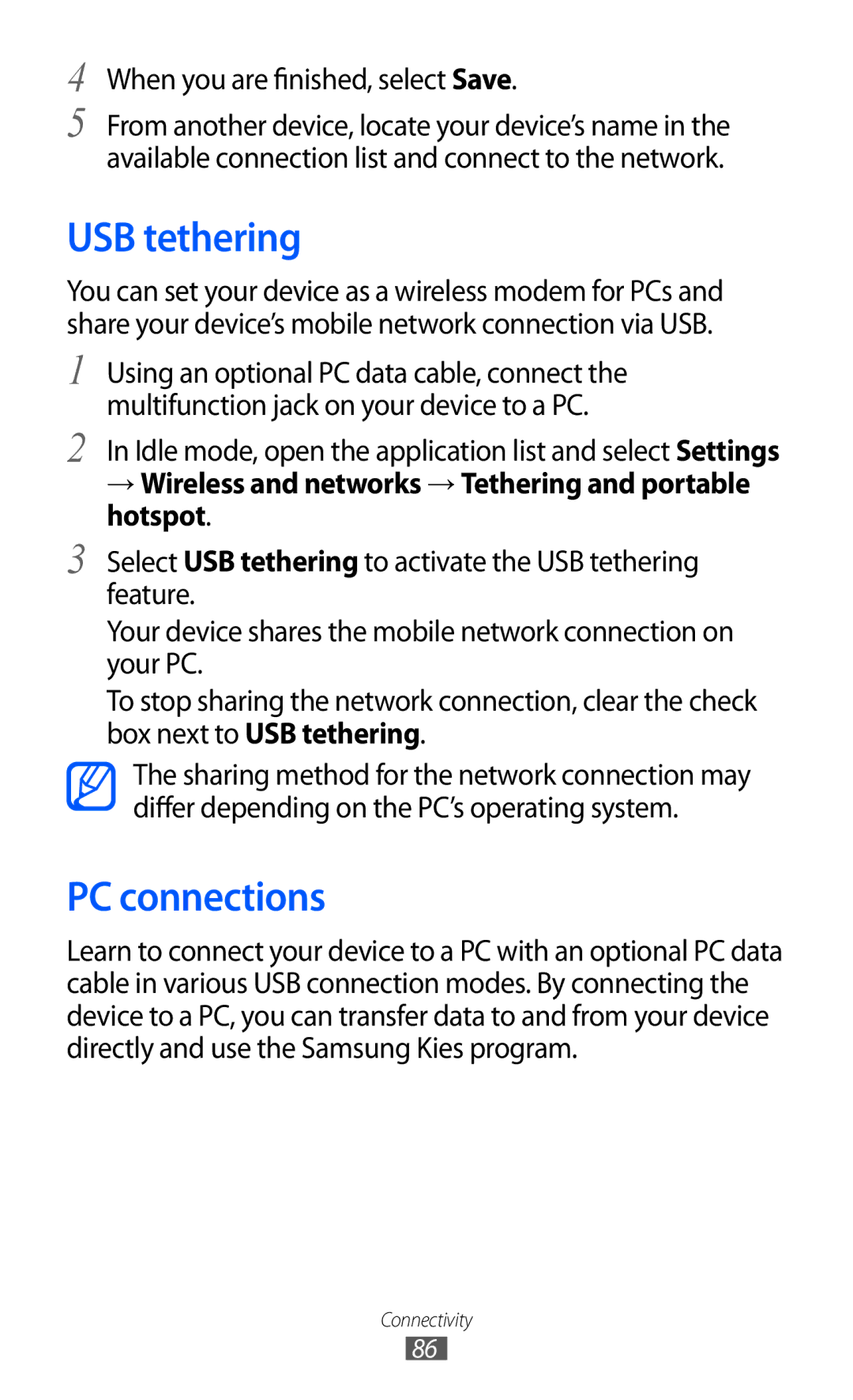 Samsung GT-B7510LKAJED, GT-B7510LKAXSG, GT-B7510LKAARB, GT-B7510ISATMC, GT-B7510ISAPAK manual USB tethering, PC connections 