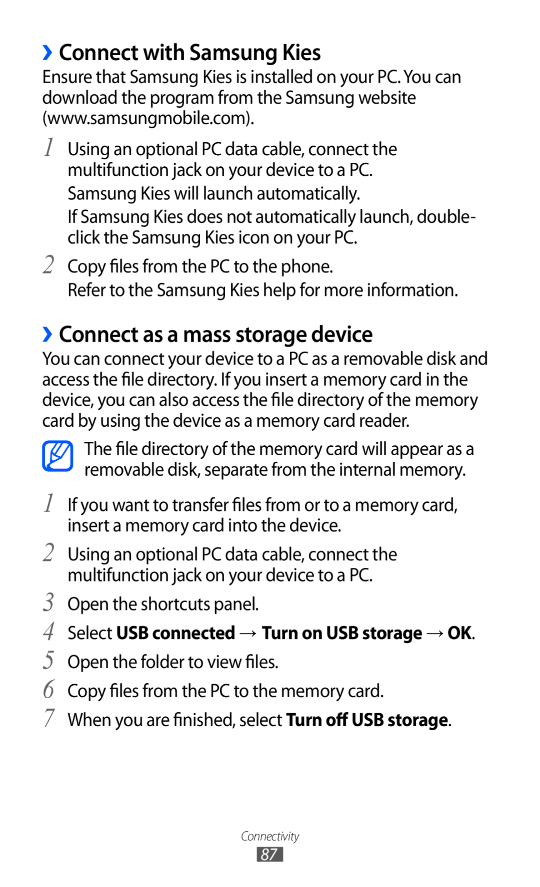 Samsung GT-B7510LKAXSG, GT-B7510LKAARB, GT-B7510ISATMC manual ››Connect with Samsung Kies, ››Connect as a mass storage device 