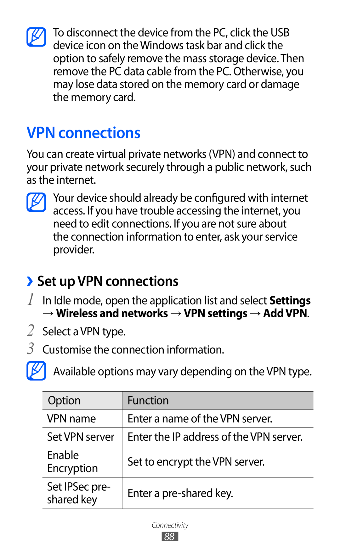 Samsung GT-B7510LKAARB, GT-B7510LKAXSG, GT-B7510ISATMC, GT-B7510ISAPAK, GT-B7510ISAARB manual ››Set up VPN connections 