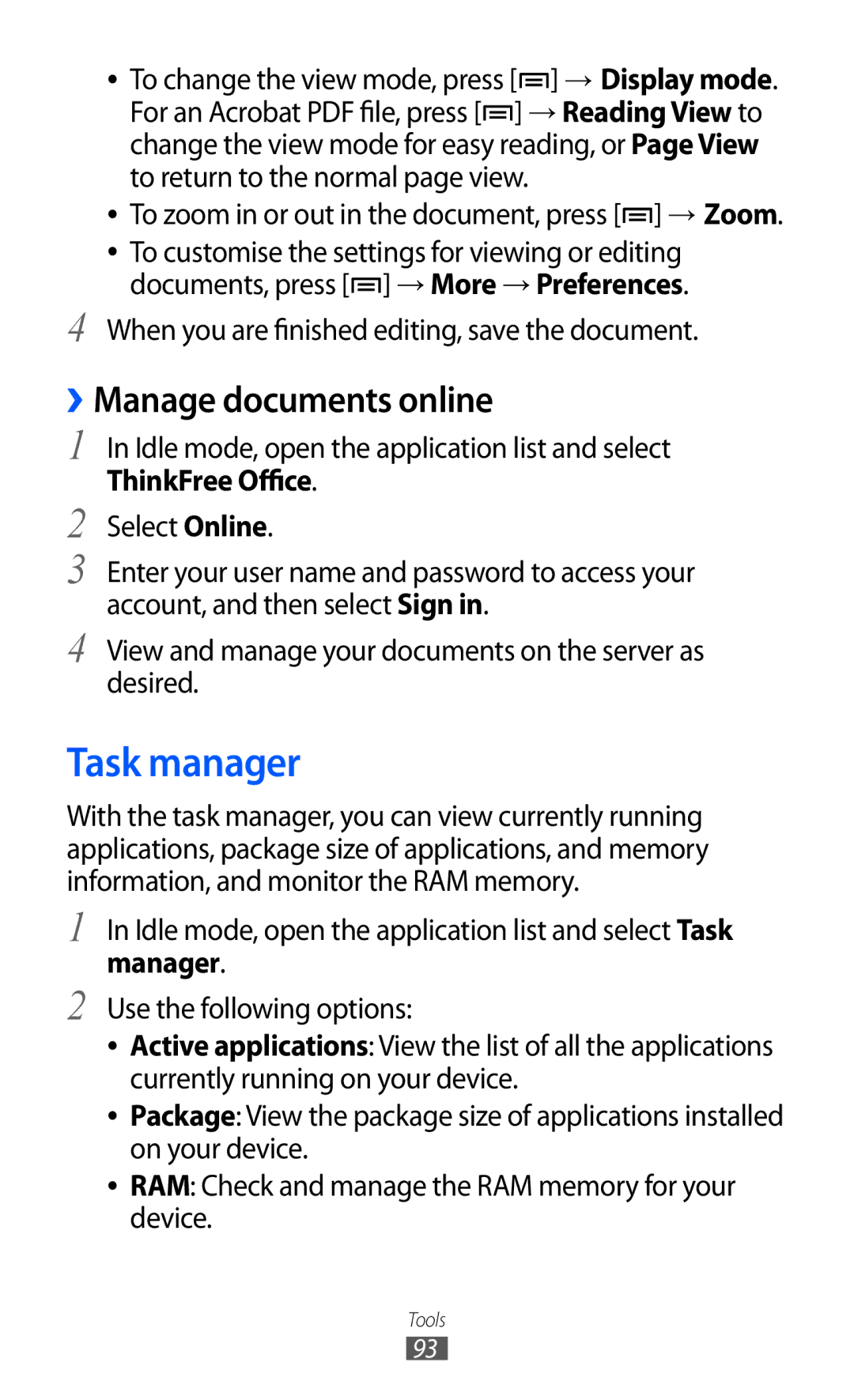 Samsung GT-B7510CWAKSA, GT-B7510LKAXSG, GT-B7510LKAARB, GT-B7510ISATMC manual Task manager, ››Manage documents online 