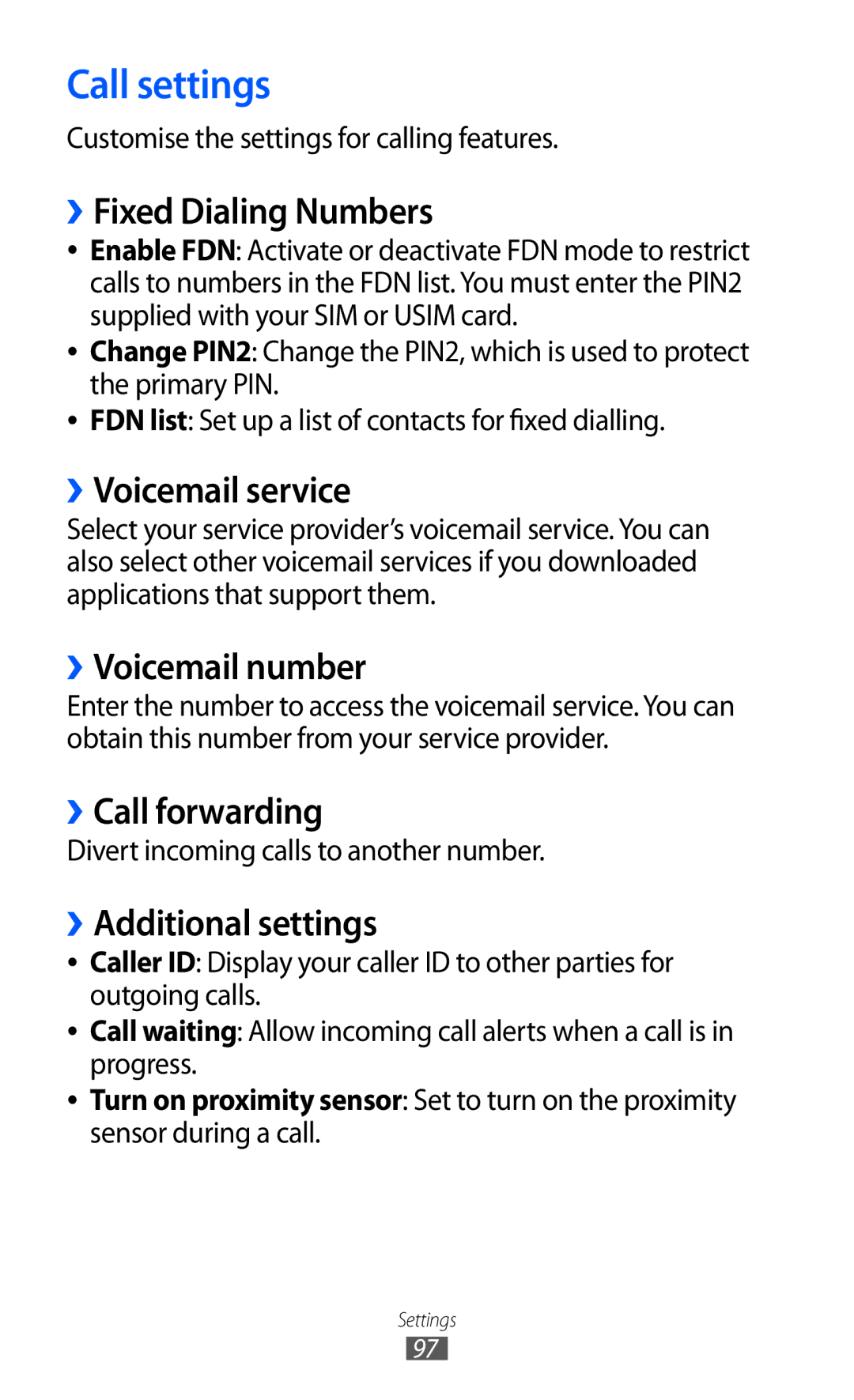 Samsung GT-B7510ISADRC, GT-B7510LKAXSG, GT-B7510LKAARB, GT-B7510ISATMC, GT-B7510ISAPAK, GT-B7510ISAARB manual Call settings 