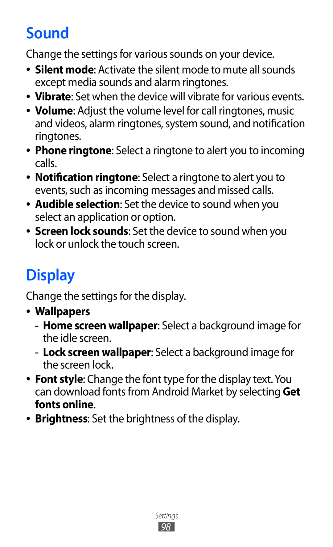 Samsung GT-B7510ISAMID, GT-B7510LKAXSG, GT-B7510LKAARB, GT-B7510ISATMC, GT-B7510ISAPAK manual Sound, Display, Wallpapers 