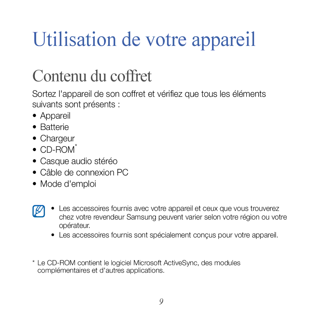 Samsung GT-B7610OKASFR, GT-B7610OKAXEF manual Contenu du coffret, Casque audio stéréo Câble de connexion PC Mode demploi 